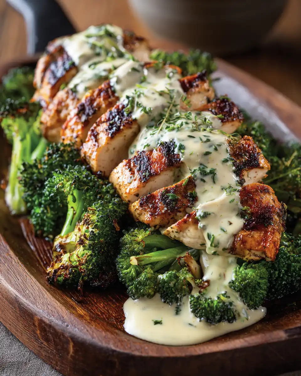 Grilled Chicken and Broccoli with Creamy Garlic Sauce