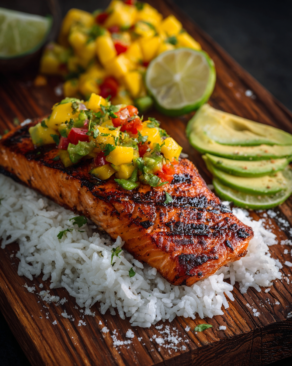 Grilled Lime Salmon with Avocado-Mango Salsa and Coconut Rice