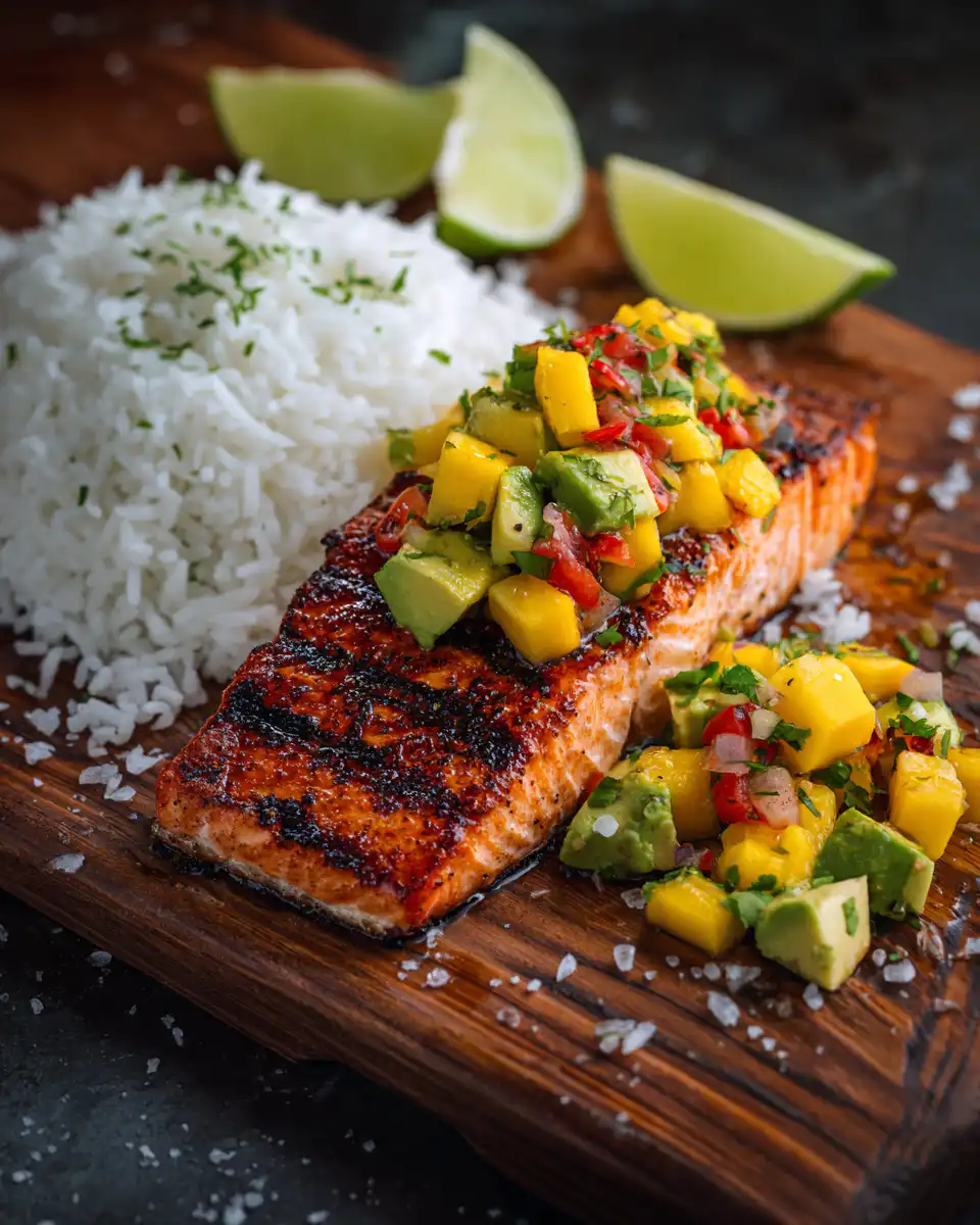 Grilled Lime Salmon with Avocado-Mango Salsa and Coconut Rice