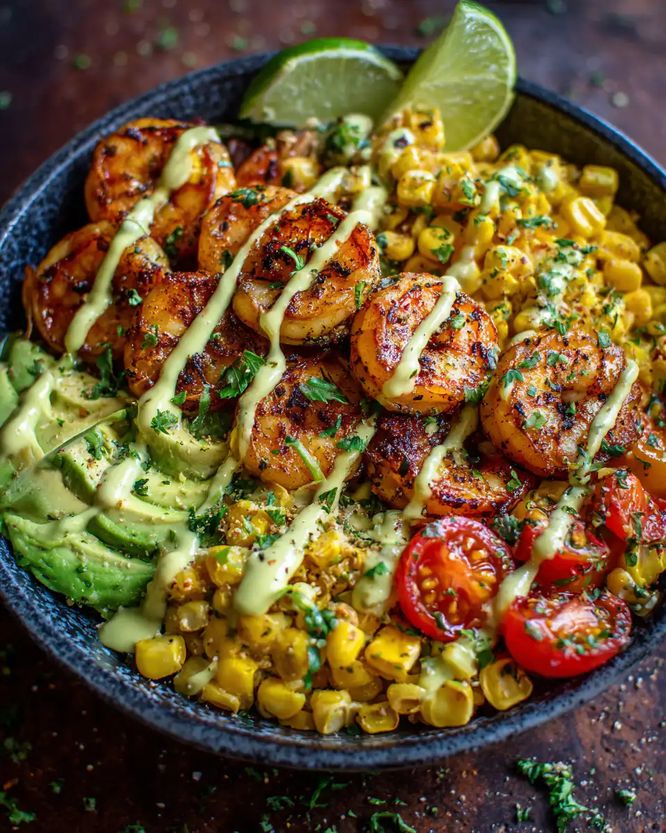Grilled Shrimp Bowl with Avocado, Corn Salsa & Creamy Garlic Sauce