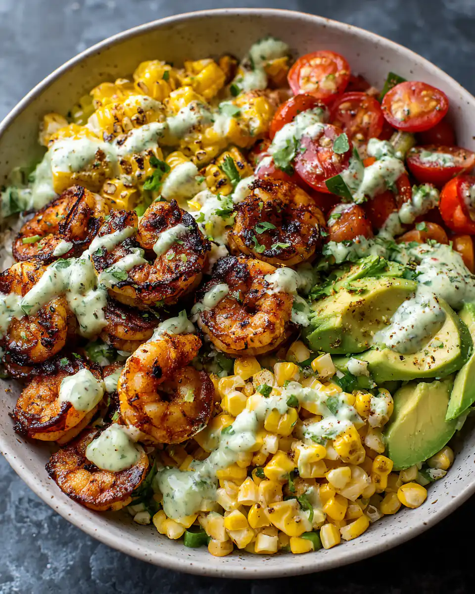 Grilled Shrimp Bowl with Avocado, Corn Salsa & Creamy Garlic Sauce