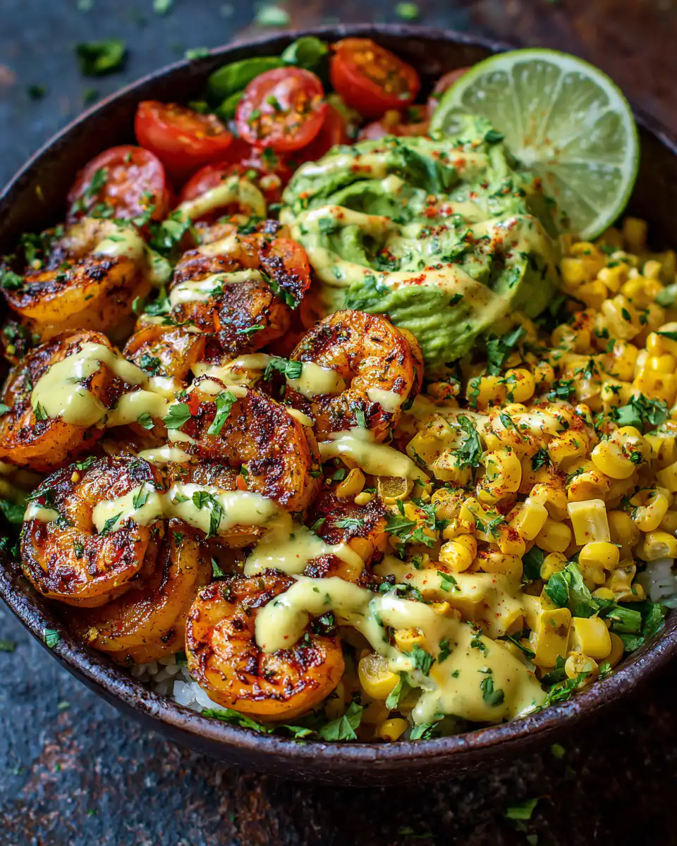 Grilled Shrimp Bowl with Avocado, Corn Salsa & Creamy Garlic Sauce