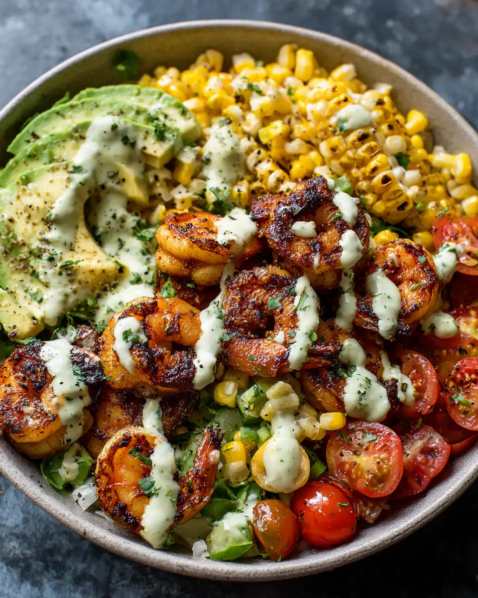 Grilled Shrimp Bowl with Avocado, Corn Salsa & Creamy Garlic Sauce