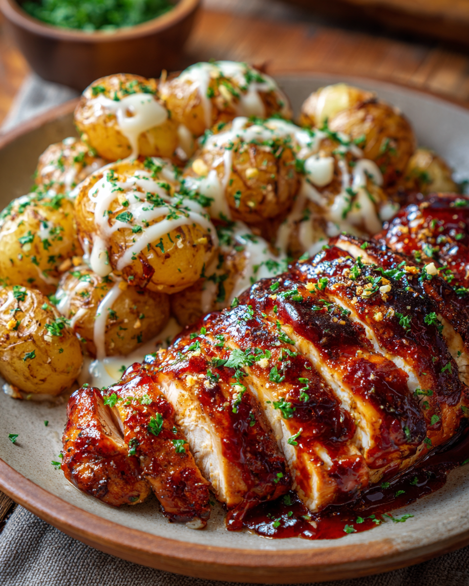 Honey Bbq Chicken & Creamy Garlic Parmesan Potatoes