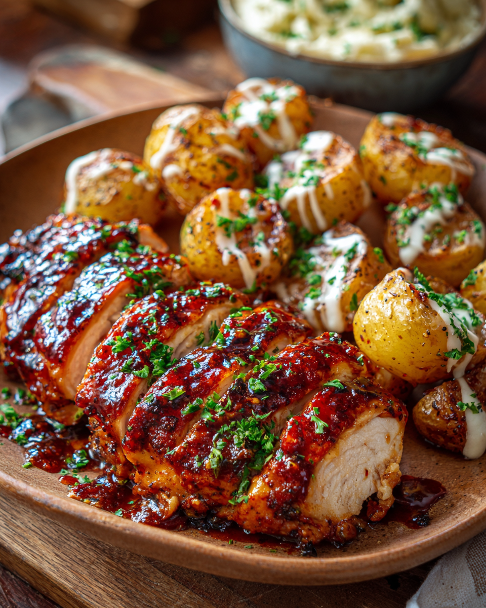 Honey Bbq Chicken & Creamy Garlic Parmesan Potatoes