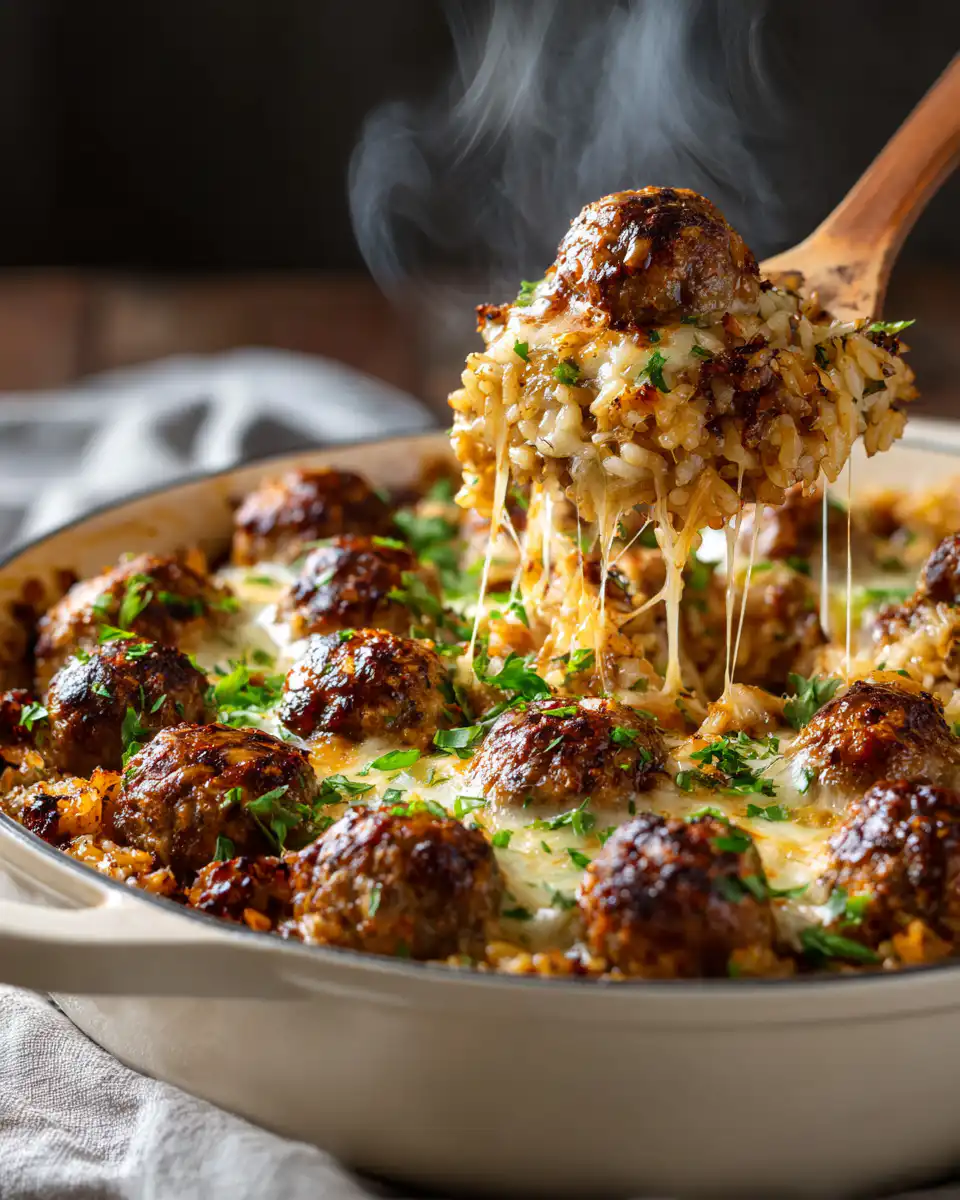 Honey Garlic Meatball Rice Bake