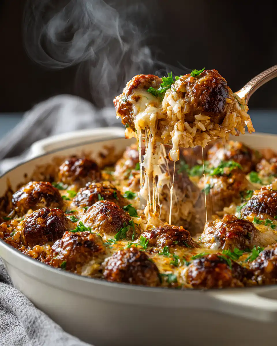 Honey Garlic Meatball Rice Bake