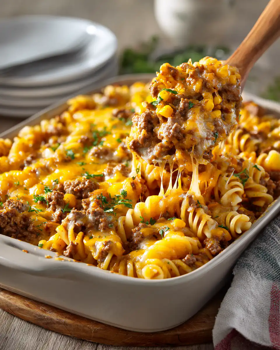 Loaded Cheddar Ranch Beef and Sweet Corn Rotini Bake