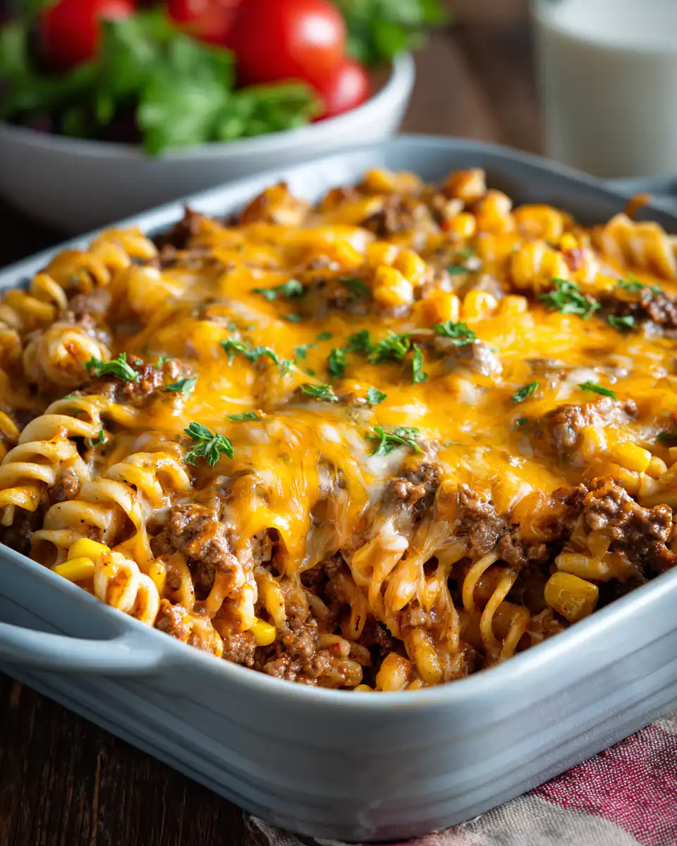 Loaded Cheddar Ranch Beef and Sweet Corn Rotini Bake