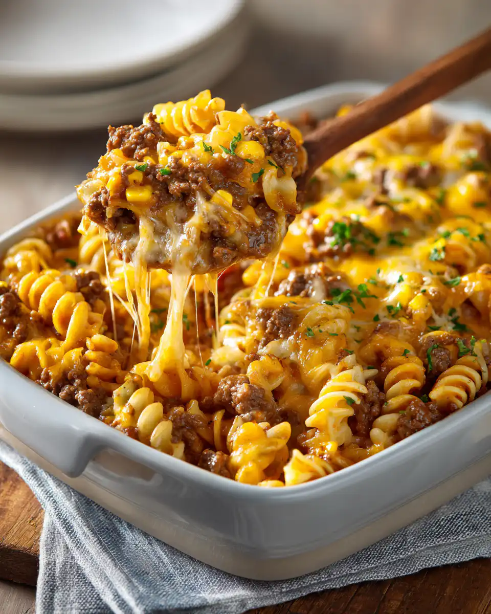 Loaded Cheddar Ranch Beef and Sweet Corn Rotini Bake