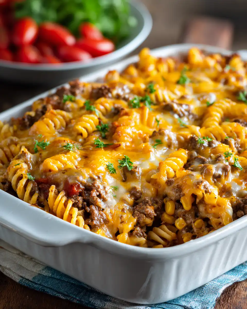 Loaded Cheddar Ranch Beef and Sweet Corn Rotini Bake