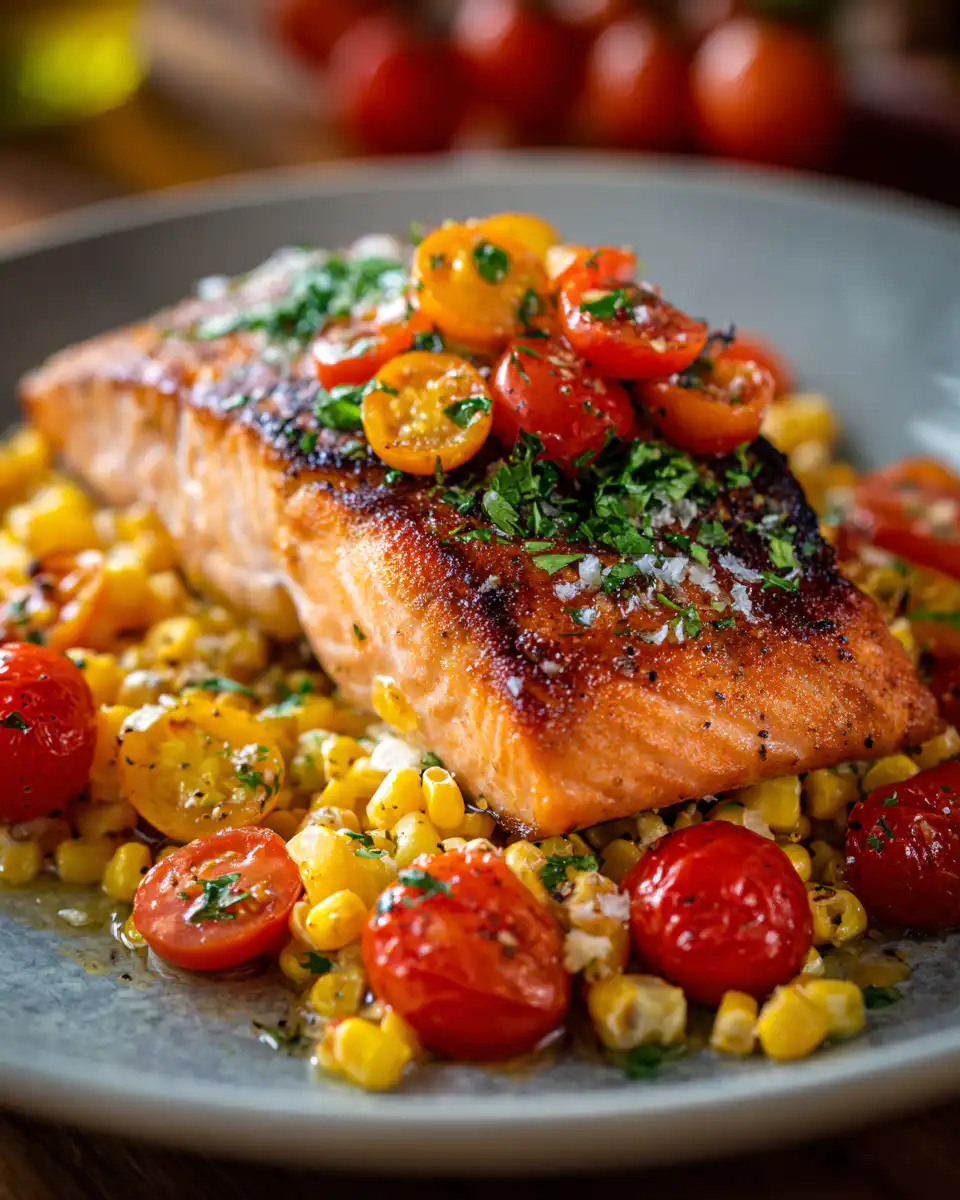 Oven-Seared Salmon With Corn and Tomatoes