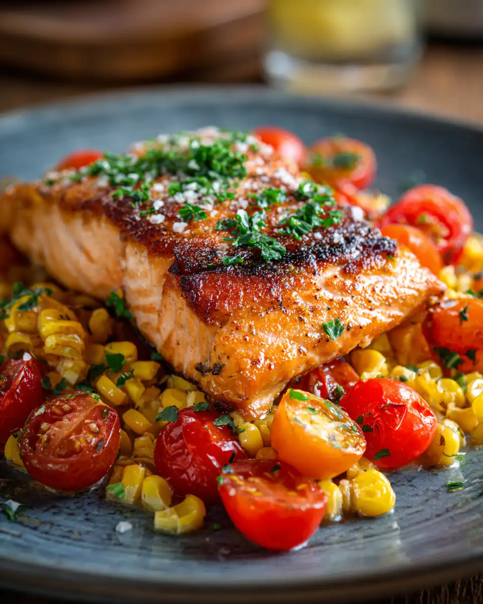 Oven-Seared Salmon With Corn and Tomatoes