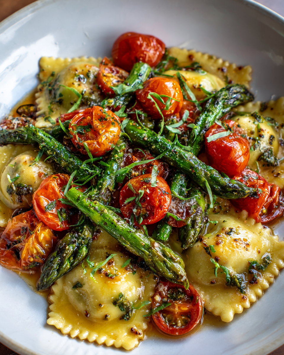 Ravioli with Tomatoes, Asparagus, Garlic, and Herbs