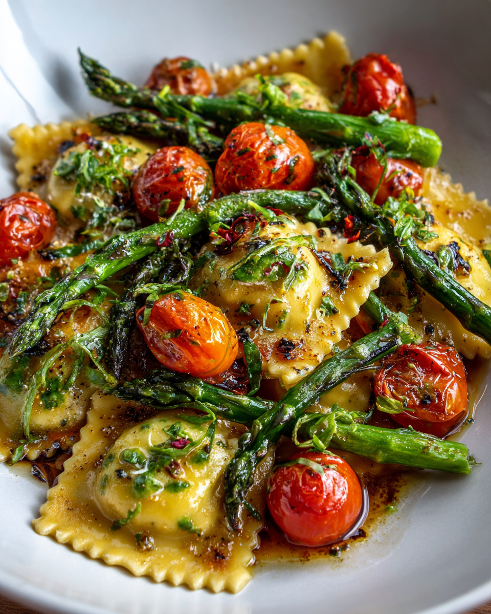 Ravioli with Tomatoes, Asparagus, Garlic, and Herbs
