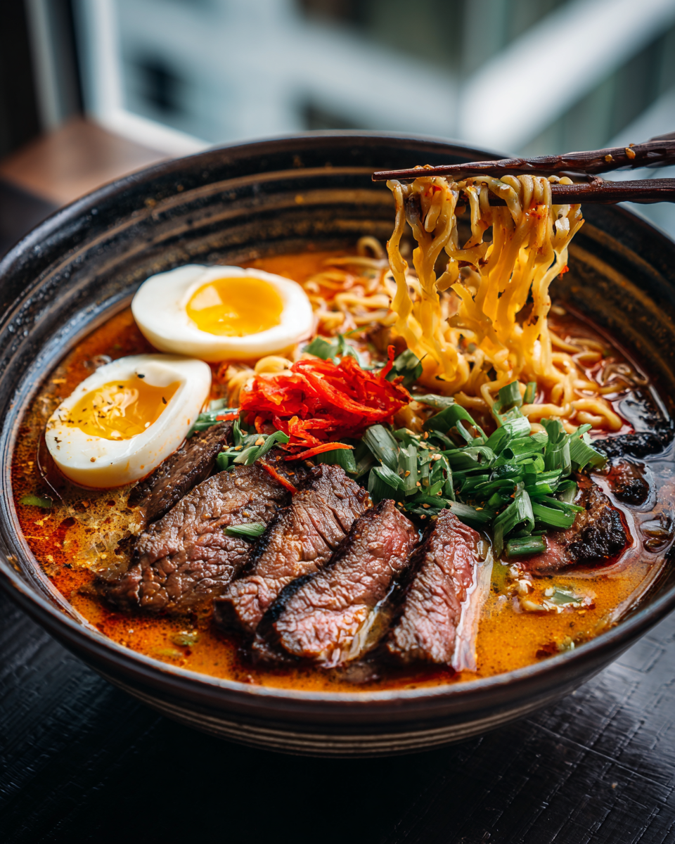 Spicy Korean Ramen with Grilled Beef & Creamy Sauce