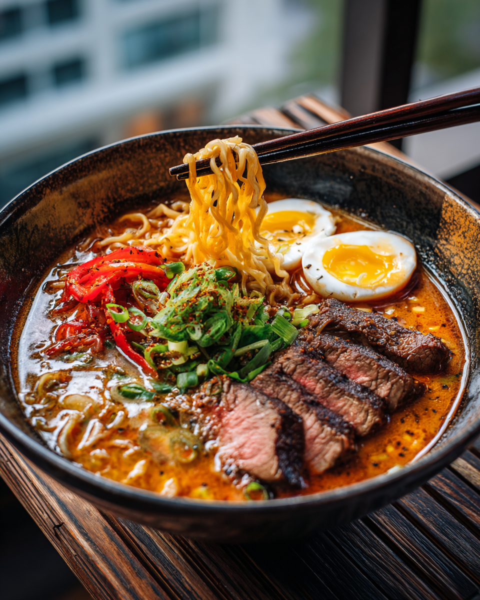 Spicy Korean Ramen with Grilled Beef & Creamy Sauce