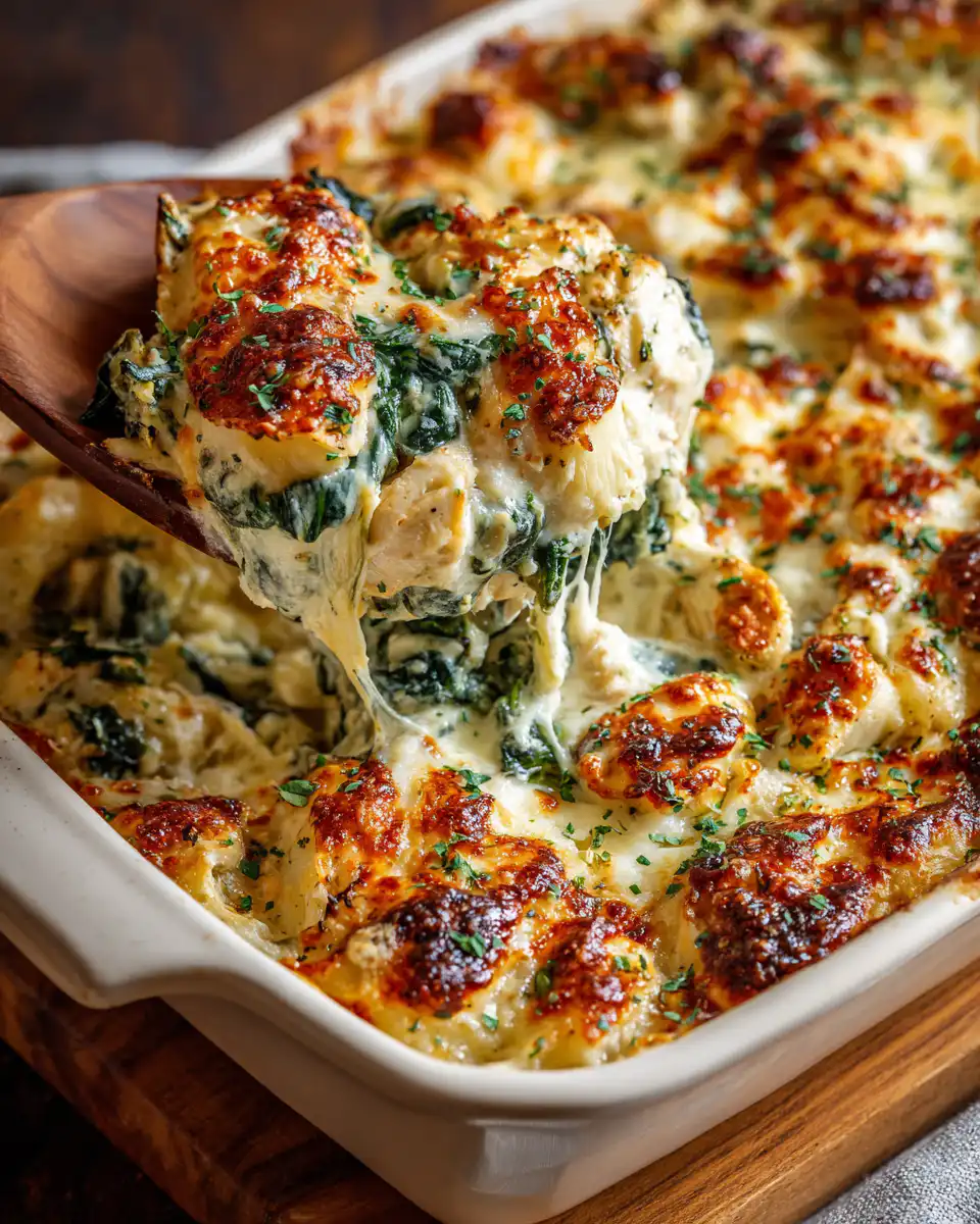 Spinach Chicken Casserole with Cream Cheese and Mozzarella