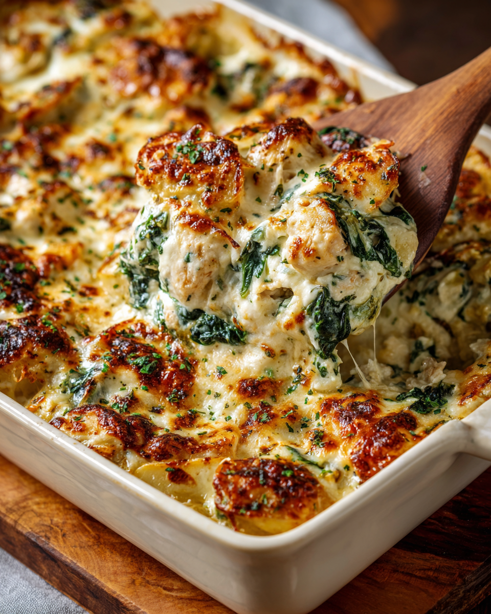 Spinach Chicken Casserole with Cream Cheese and Mozzarella