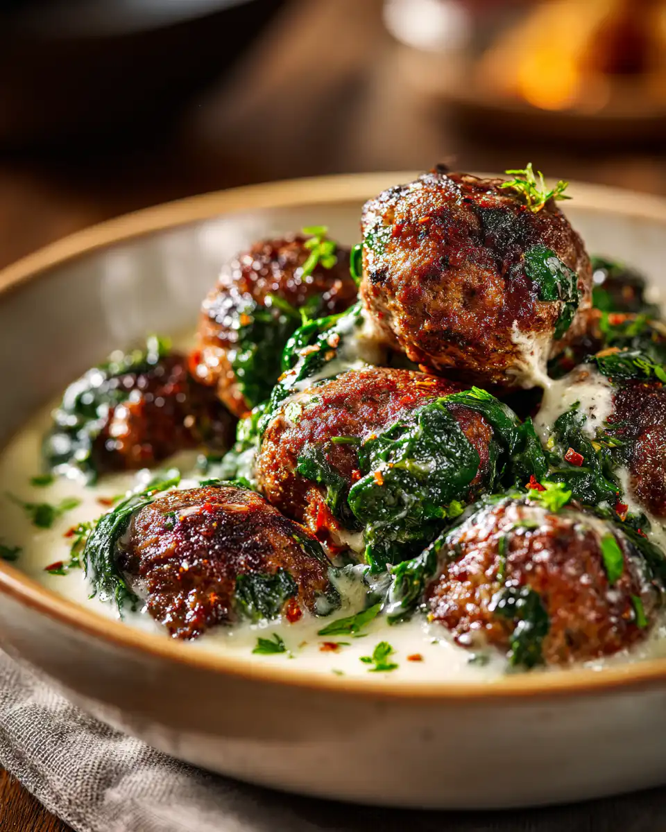 Spinach Garlic Meatballs with Mozzarella 