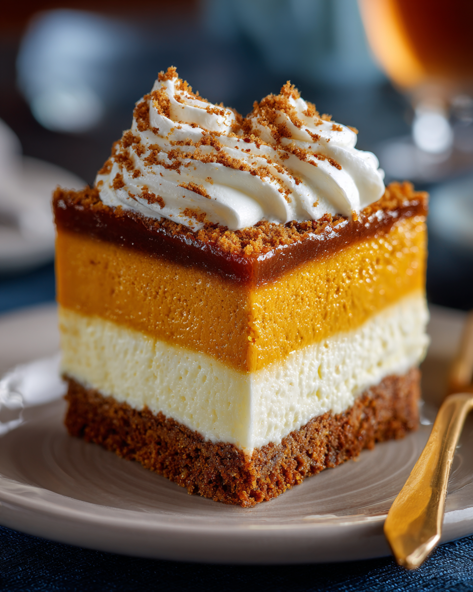 Creamy Layered Pumpkin Dessert with a Ginger Snap Crust