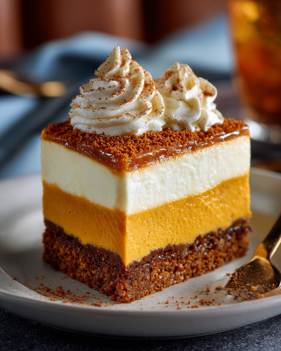 Creamy Layered Pumpkin Dessert with a Ginger Snap Crust