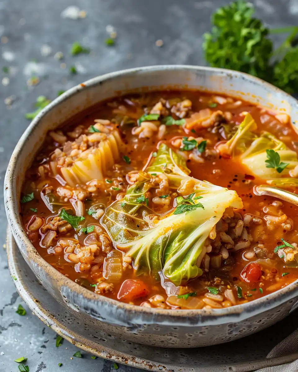 Cabbage Roll Soup with Rice & Tomato Broth