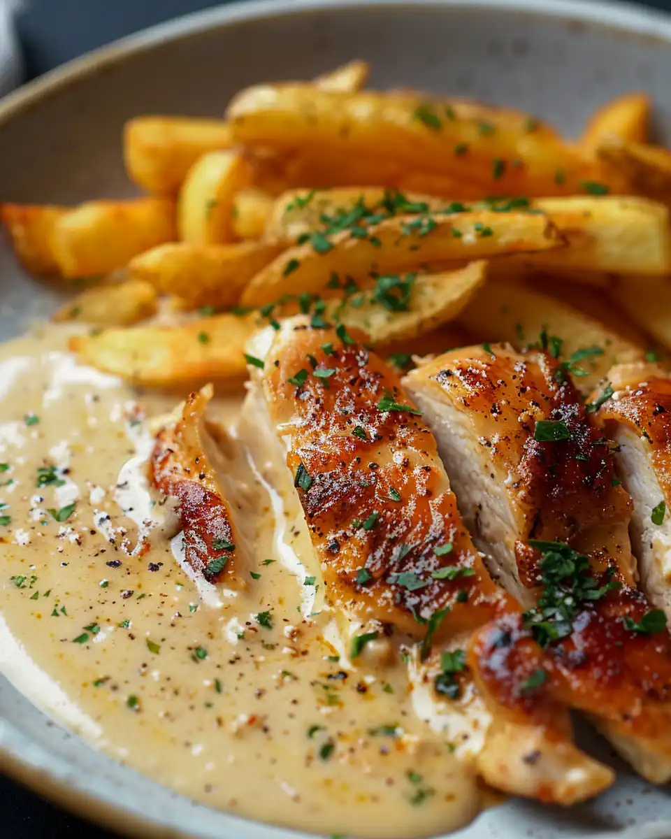 Chicken Fillet in Spicy, Creamy Garlic-Parmesan Sauce with Fries