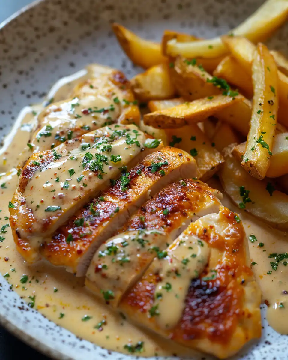 Chicken Fillet in Spicy, Creamy Garlic-Parmesan Sauce with Fries