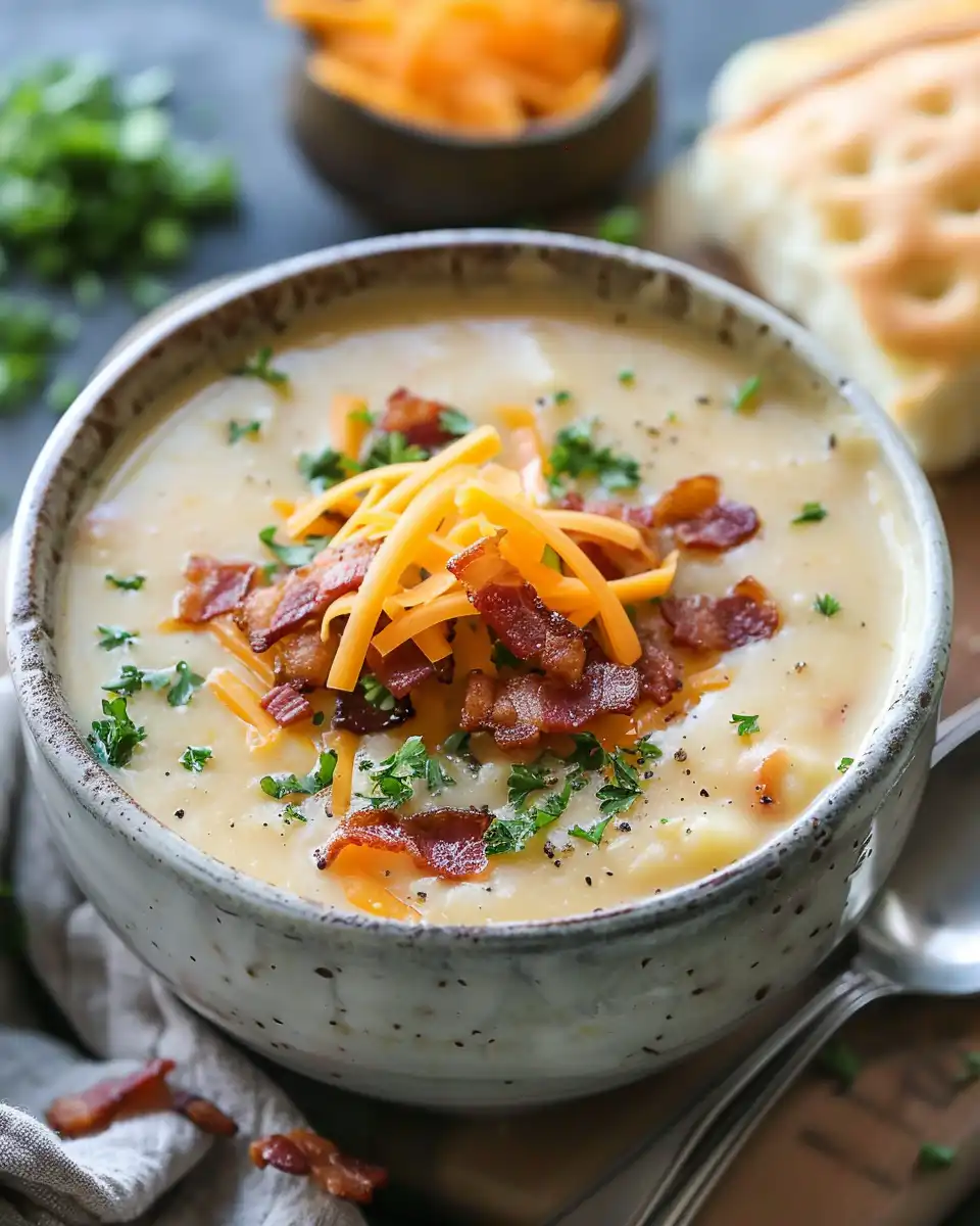 Crockpot Potato Soup with Cheddar & Crispy Bacon