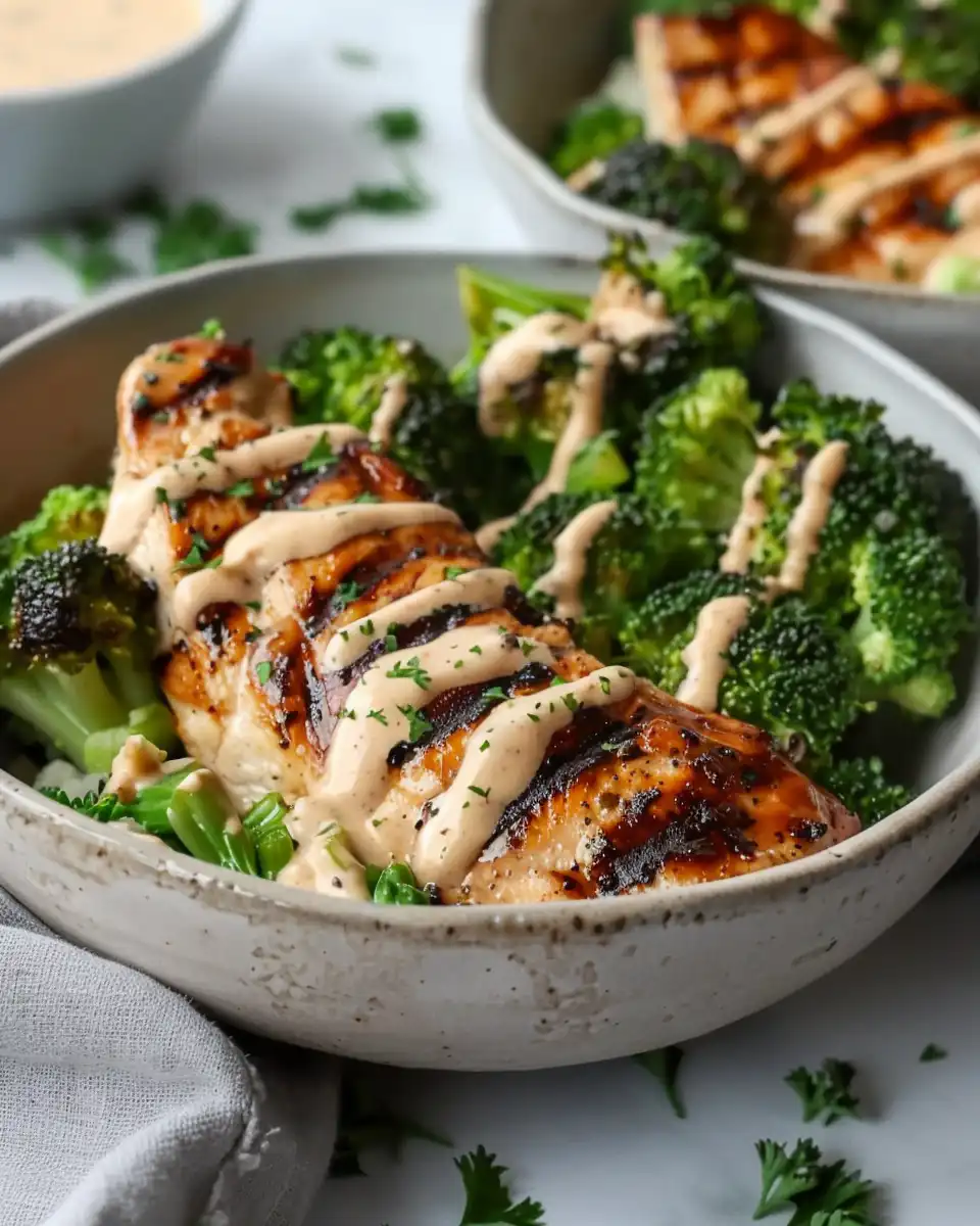 Grilled Chicken & Broccoli Bowls with Creamy Garlic Sauce