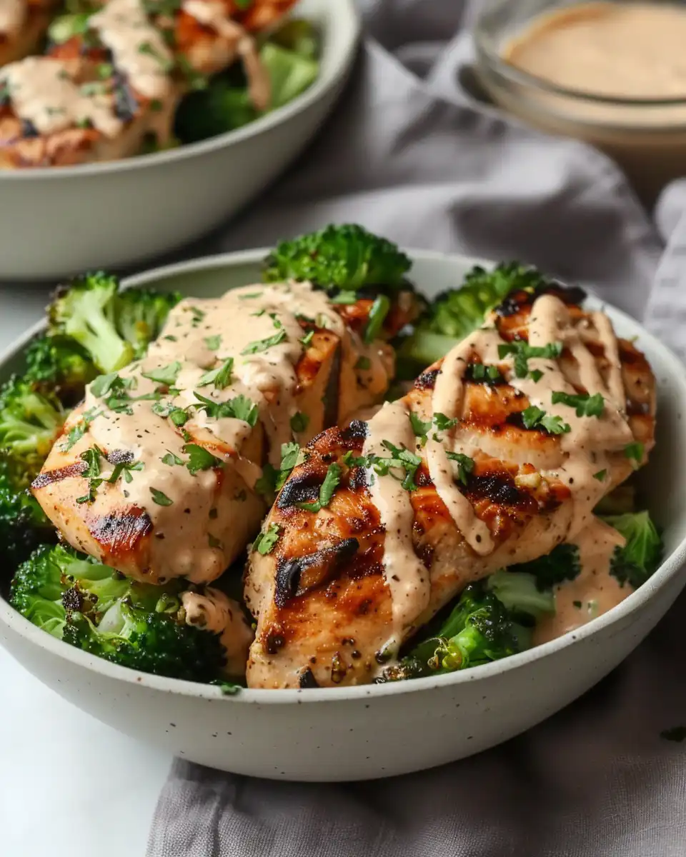 Grilled Chicken & Broccoli Bowls with Creamy Garlic Sauce