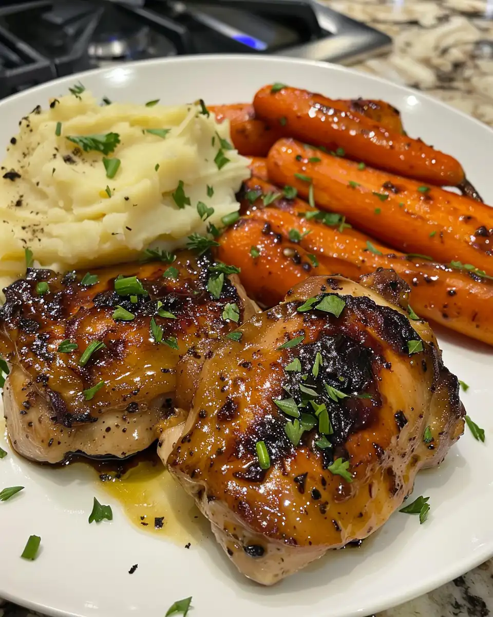Honey Balsamic Chicken Thighs with Goat Cheese Mashed Potatoes and Roasted Carrots