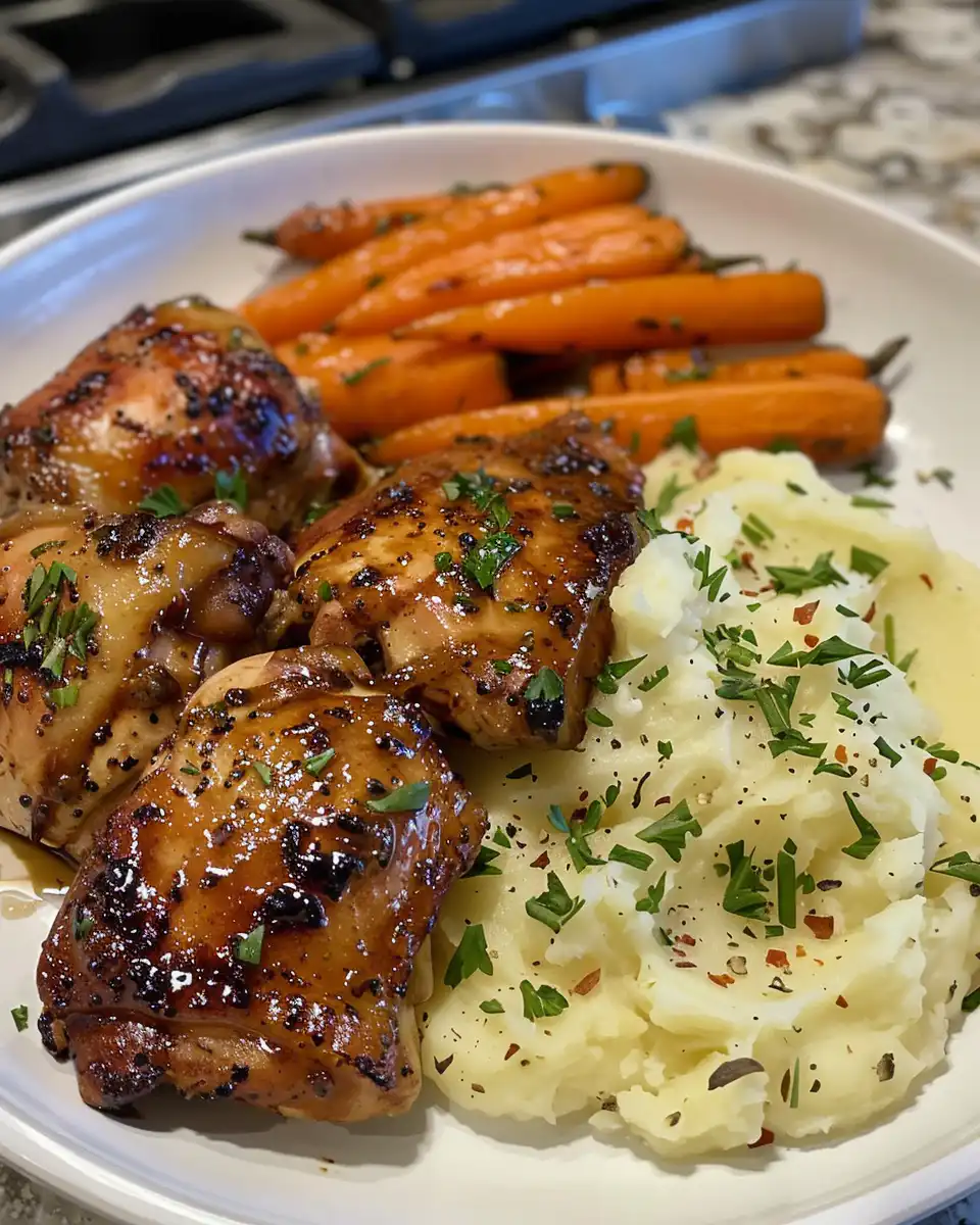 Honey Balsamic Chicken Thighs with Goat Cheese Mashed Potatoes and Roasted Carrots