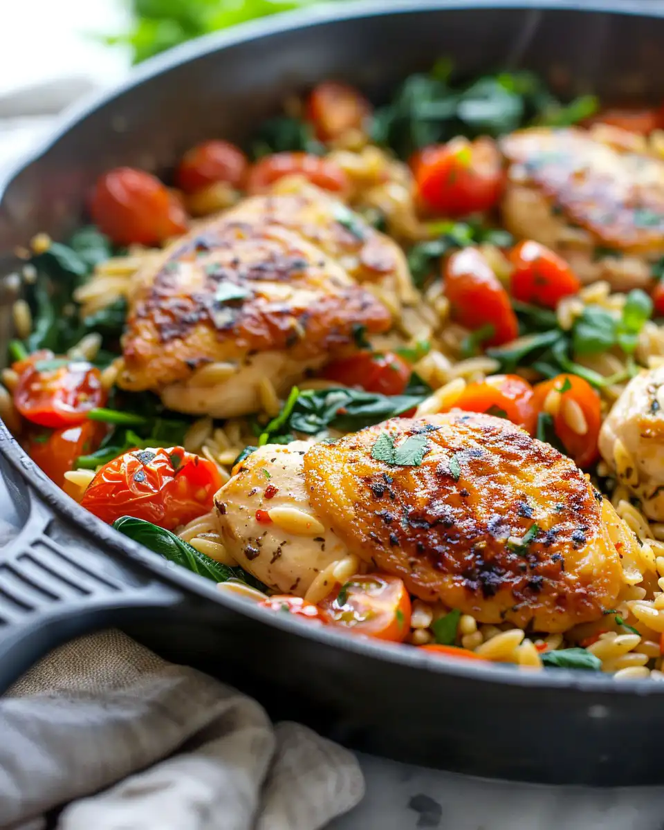 Spinach and Tomato Orzo Chicken Skillet