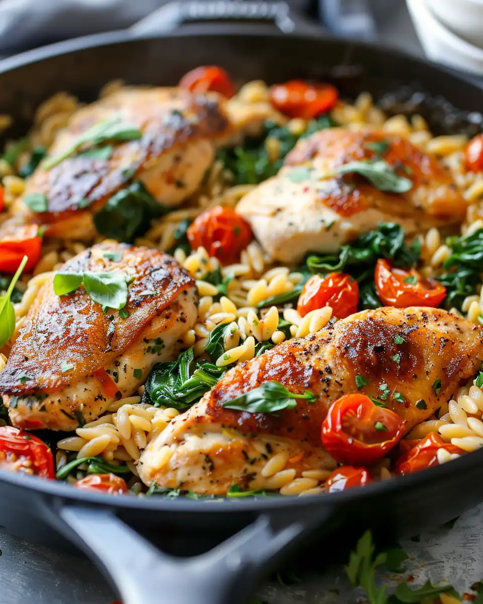 Spinach and Tomato Orzo Chicken Skillet
