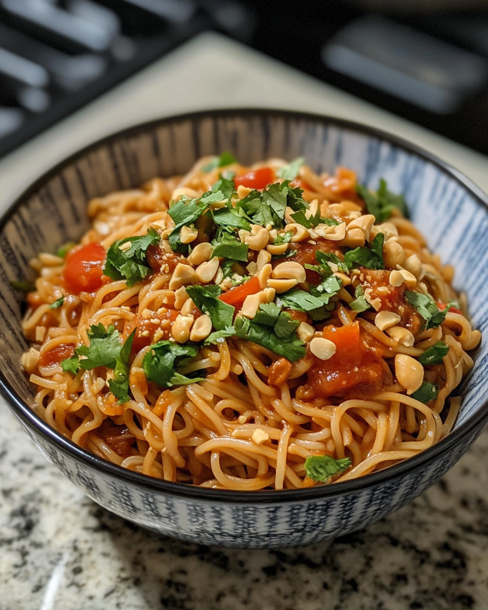 Served 5-minute peanut chili noodles garnished with sesame seeds and fresh herbs