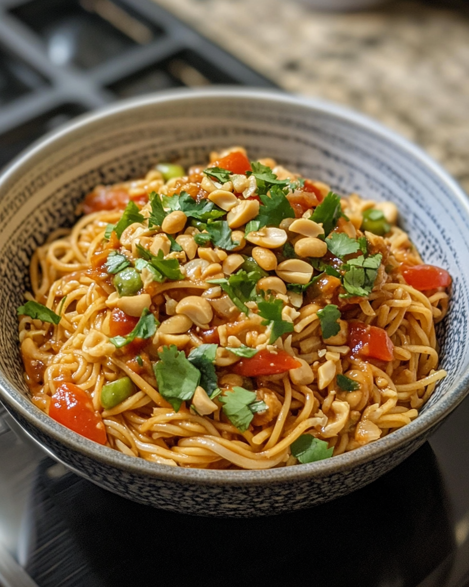 5-minute peanut chili noodles fresh from the pressure cooker with steam