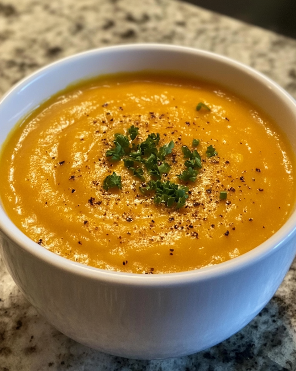 Creamy butternut squash soup served in bowl with fresh herbs