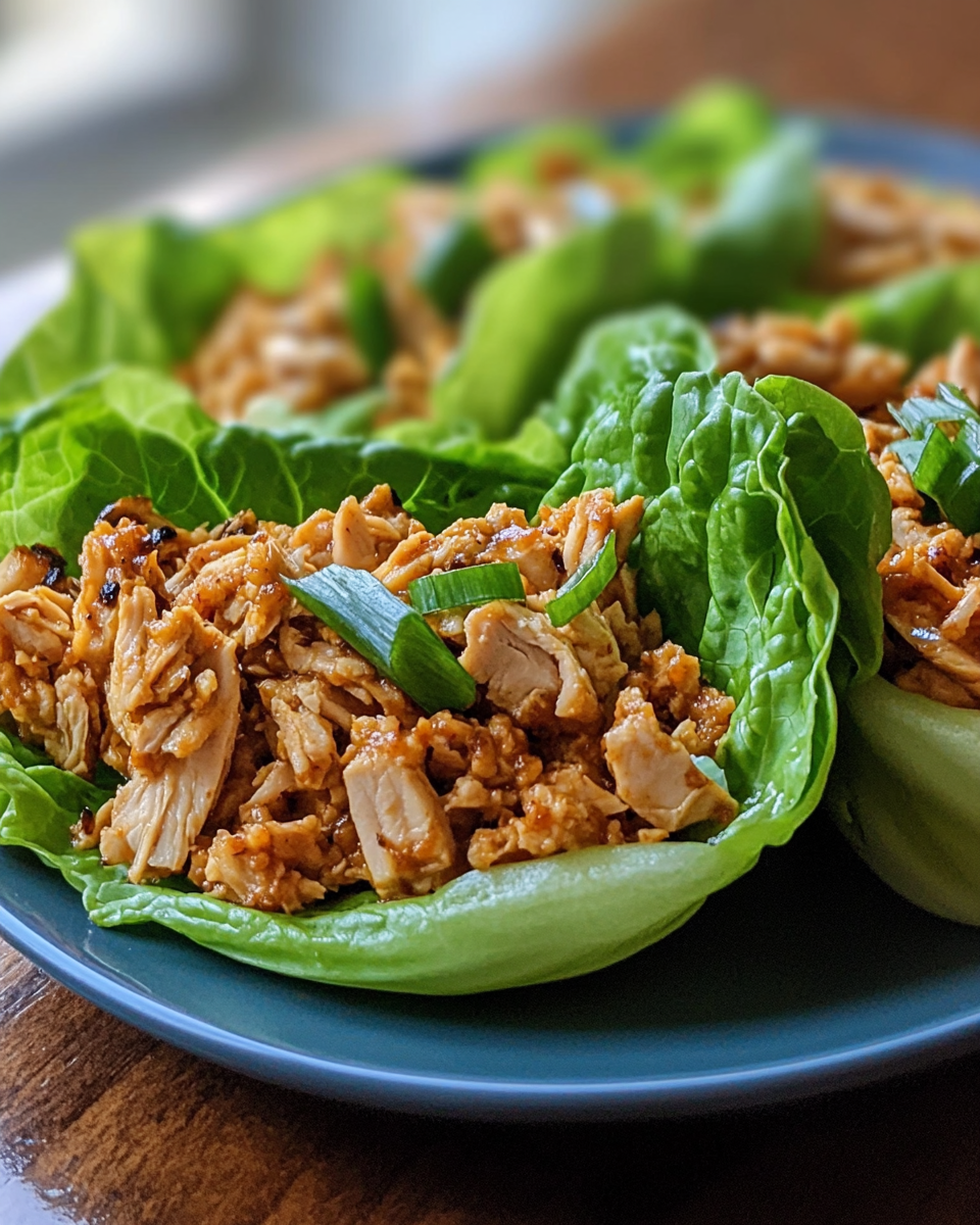 Finished Asian turkey lettuce wraps served on plate with fresh lettuce