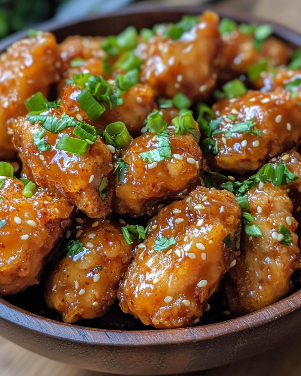 Sweet chili chicken bites garnished with green onions and white sesame seeds, ready to serve