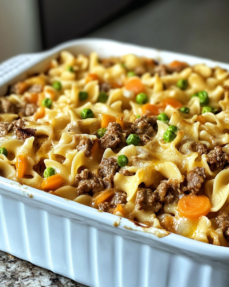 Creamy beef noodle casserole topped with melted fontina cheese and parsley