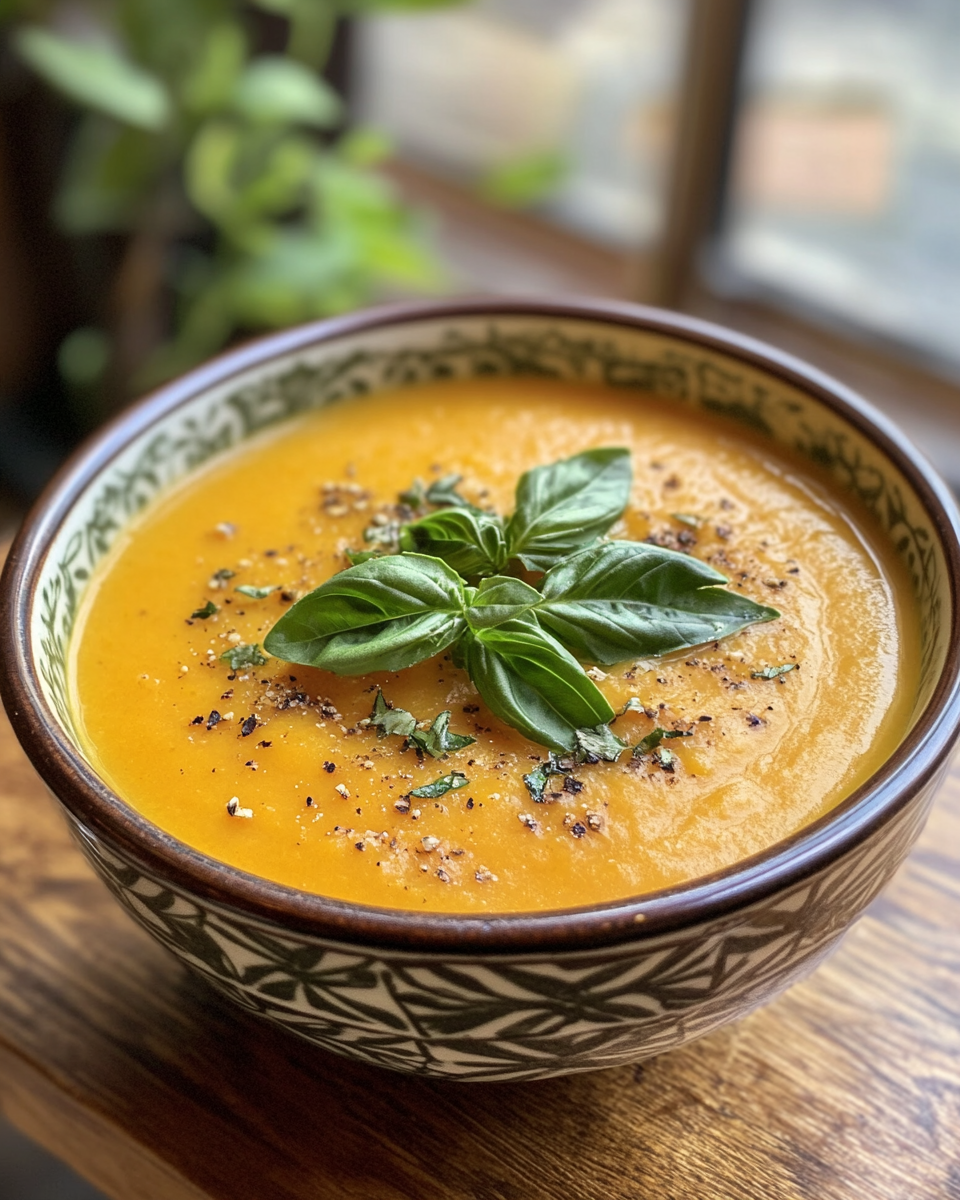 Smooth creamy carrot ginger soup served hot in a bowl with garnish