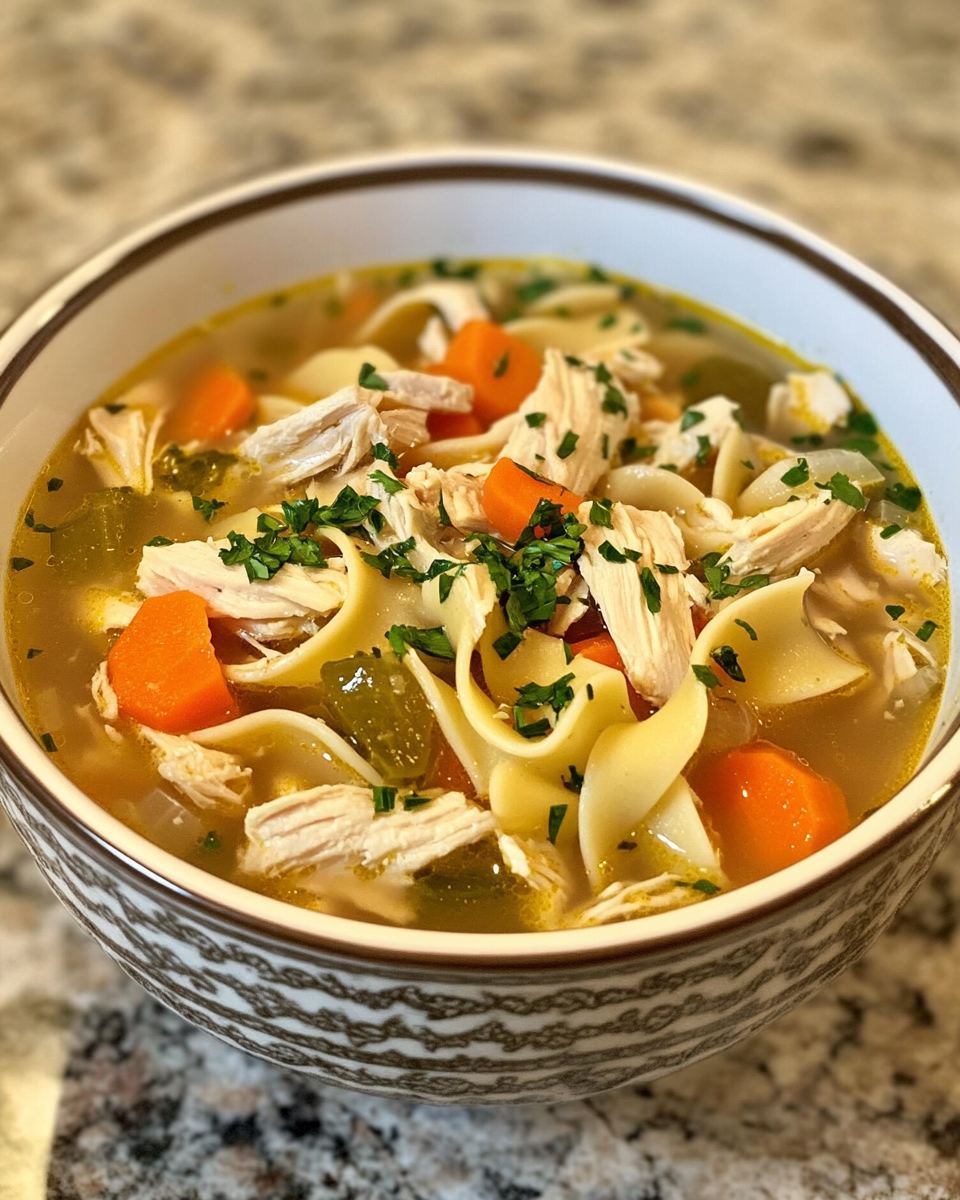 Finished crockpot chicken noodle soup served in a bowl with parsley garnish