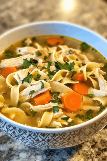 Best Crockpot Chicken Noodle Soup taken with iphone 15 pro max --iw 2 --ar 4:5 --v 6.1 --raw