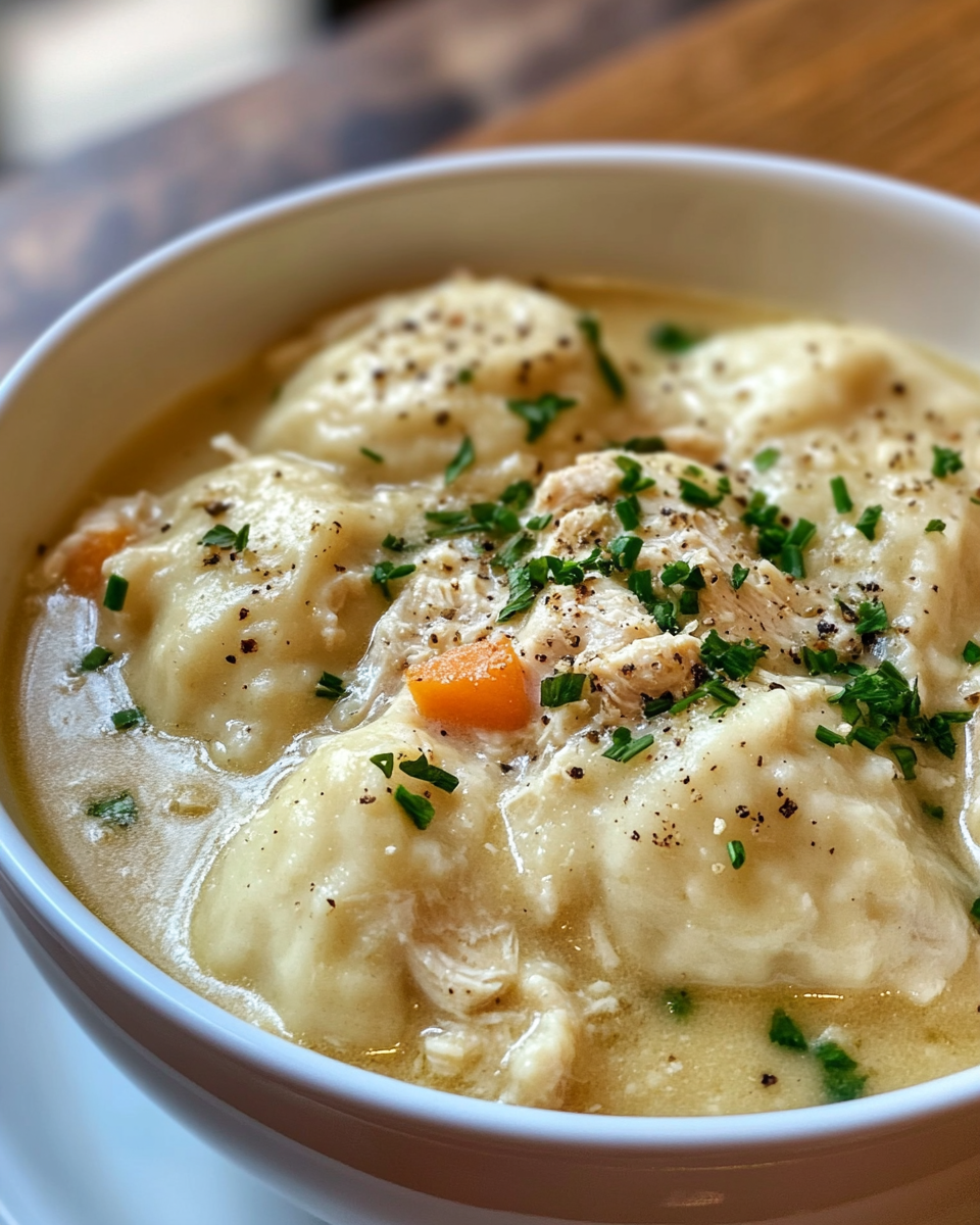 Final serving of chicken and dumplings sprinkled with fresh parsley on a warm bowl