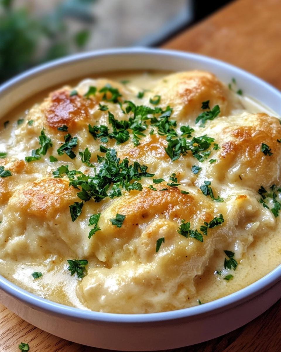 Final bowl of tender chicken and dumplings in rich broth