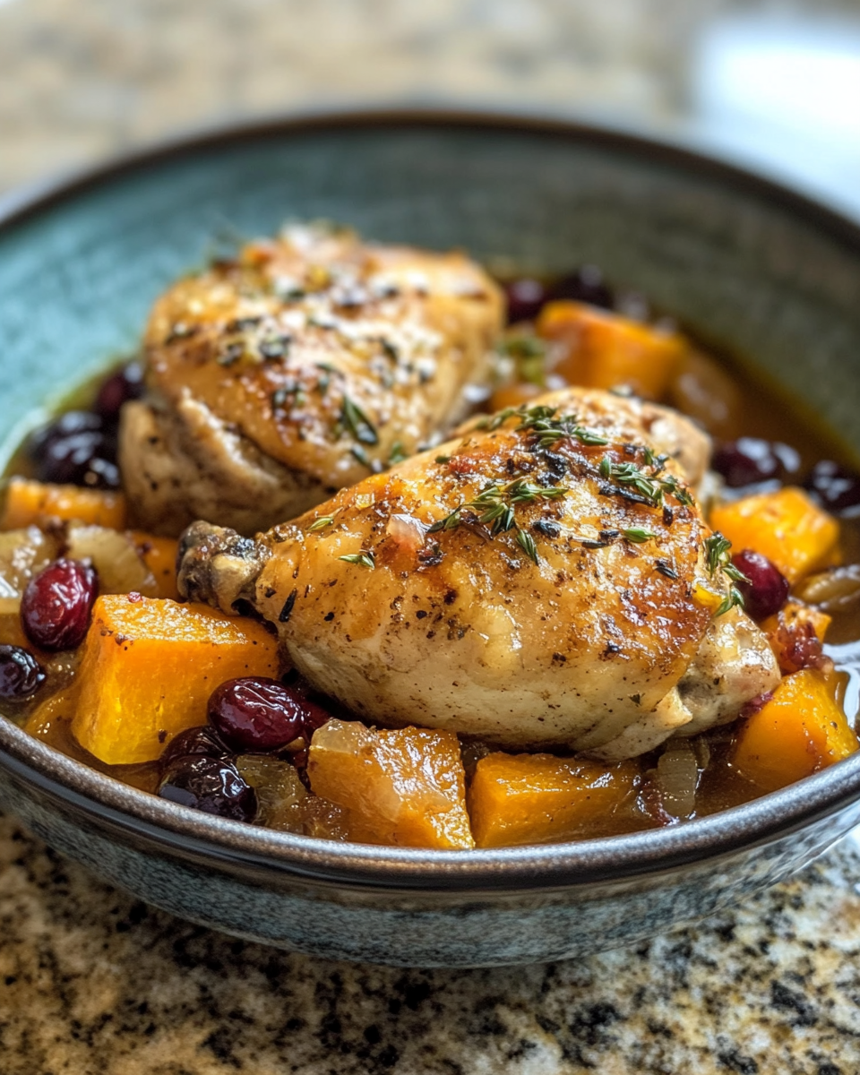 Ingredients for braised chicken including butternut squash, Brussels sprouts, and cranberries
