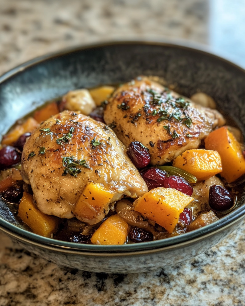 Finished braised chicken with butternut squash and cranberries plated and ready to serve