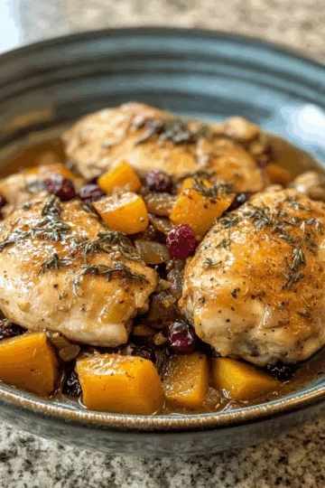 Braised Chicken with Butternut Squash and Cranberries taken with iphone 15 pro max --iw 2 --ar 4:5 --v 6.1 --raw